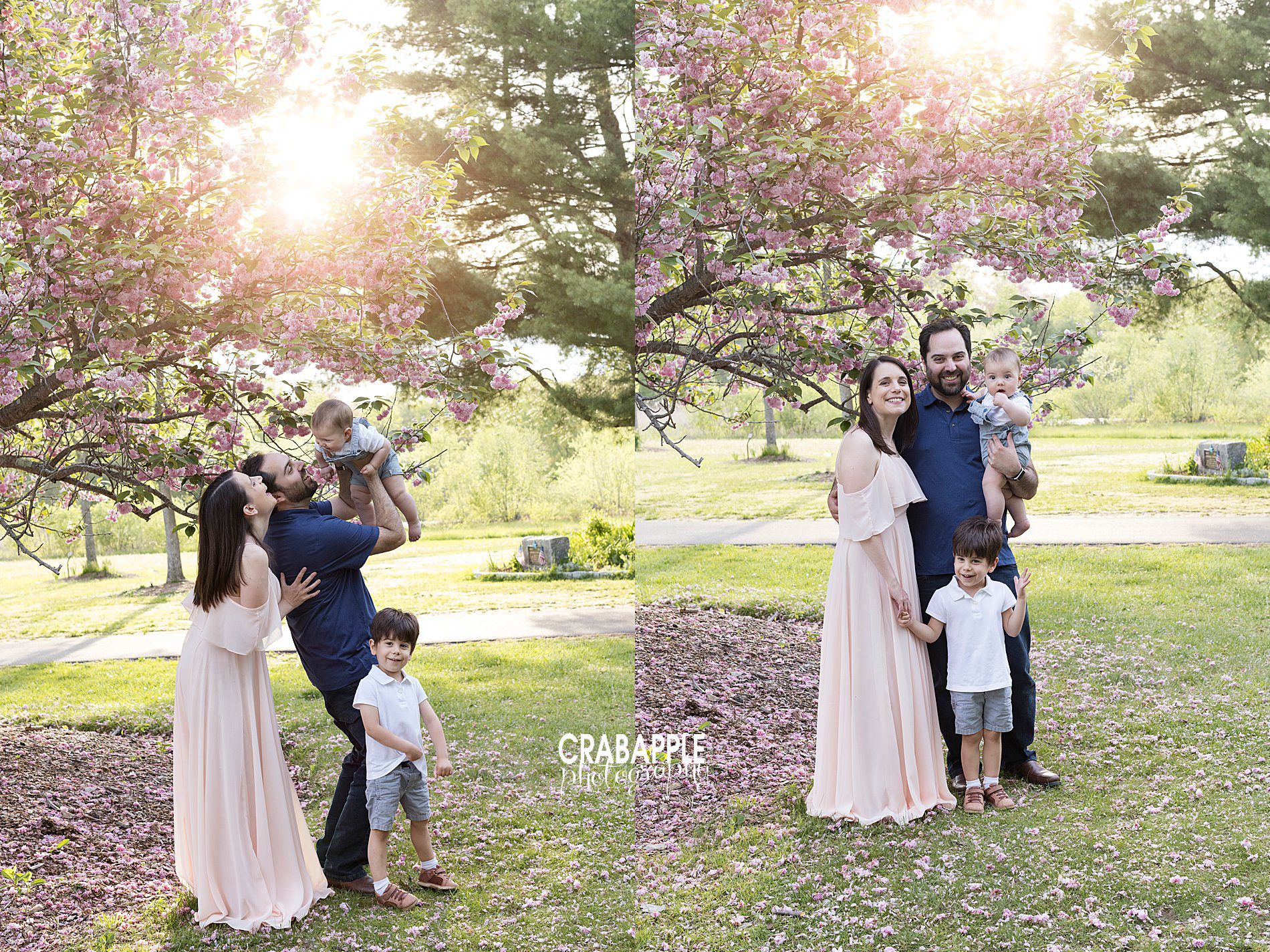 Family portraits outside during golden hour with blossoming springtime trees.