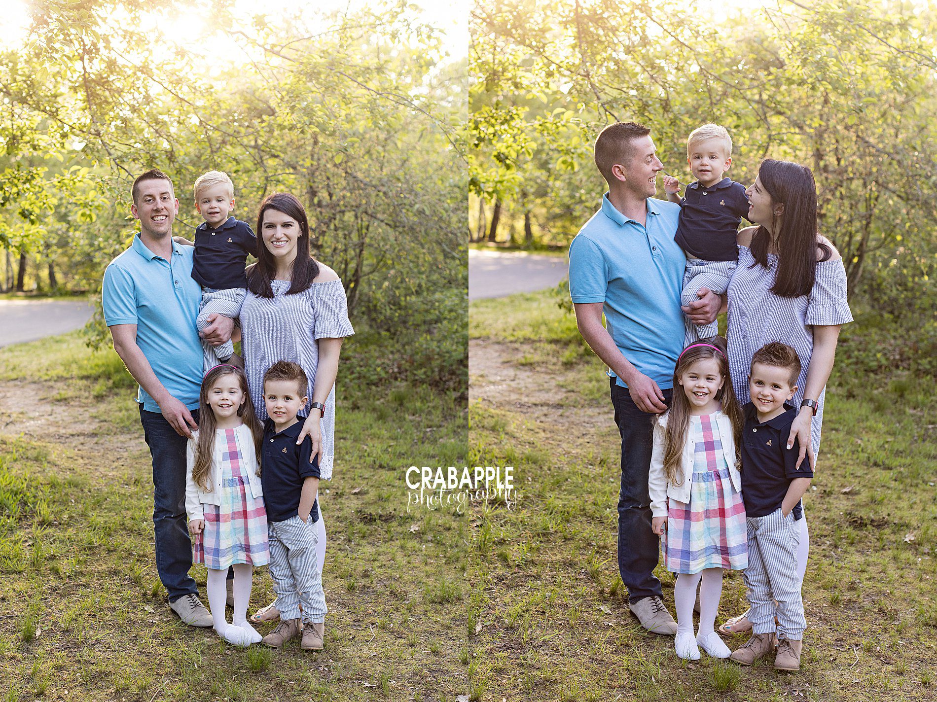 Outdoor family photos before sunset during the spring.