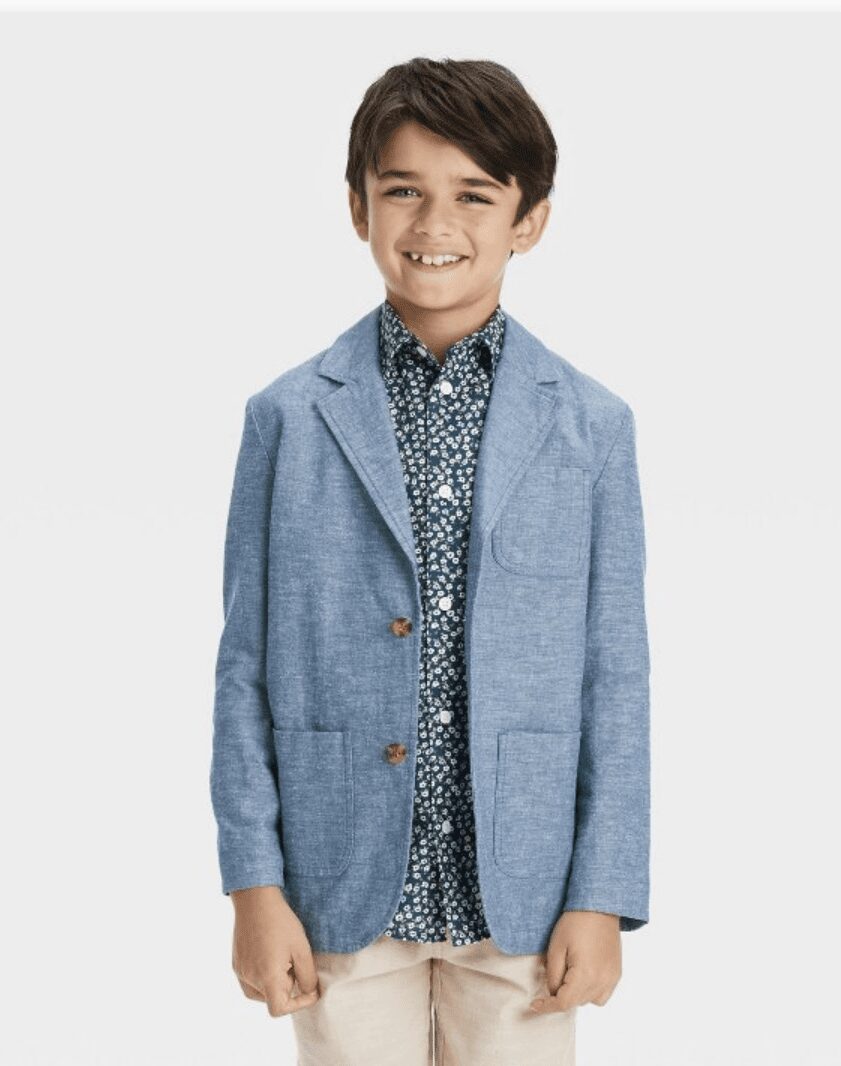 Outfit idea for boys for spring photos including floral shirt and blue woven blazer from Cat and Jack