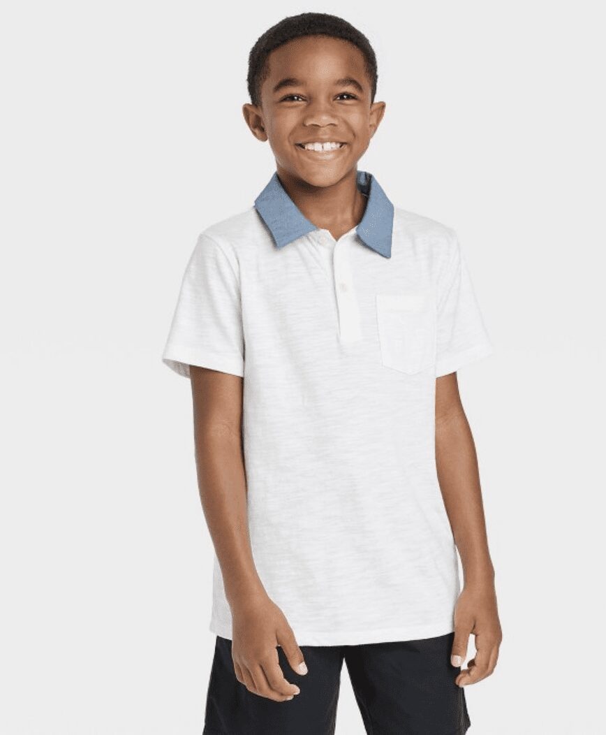 Boy outfit ideas for spring portraits using white polo shirt with chambray collar from Cat and Jack.