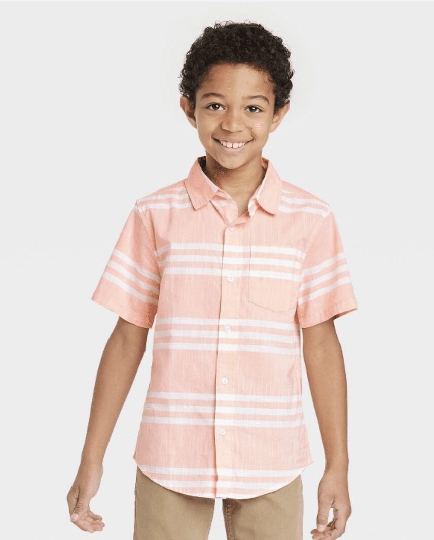 Pink-orange and white striped button up short sleeve shirt for spring outdoor or in studio photos for boys.