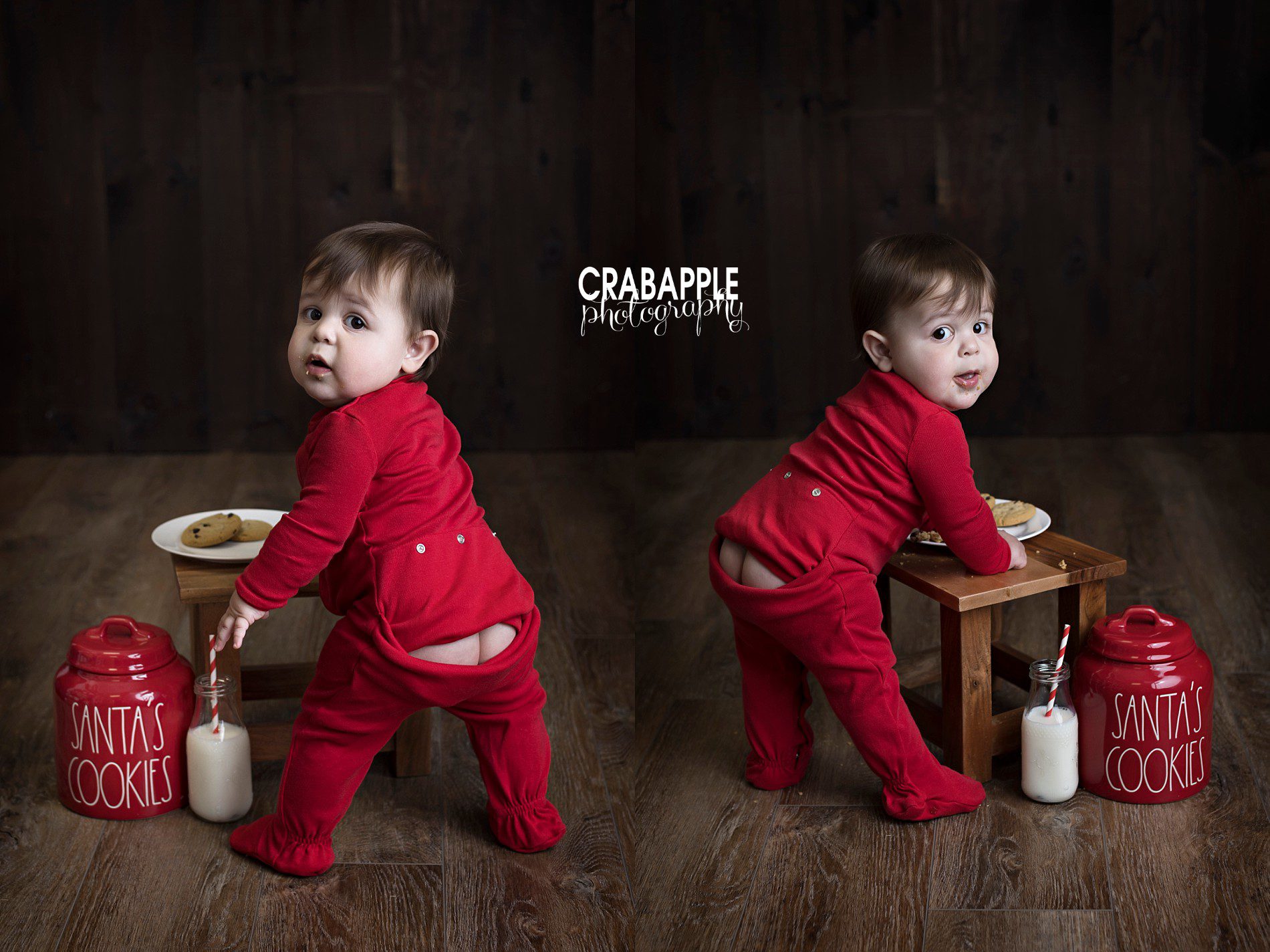 Funny and hilarious Christmas baby photos stealing Santa's cookies.