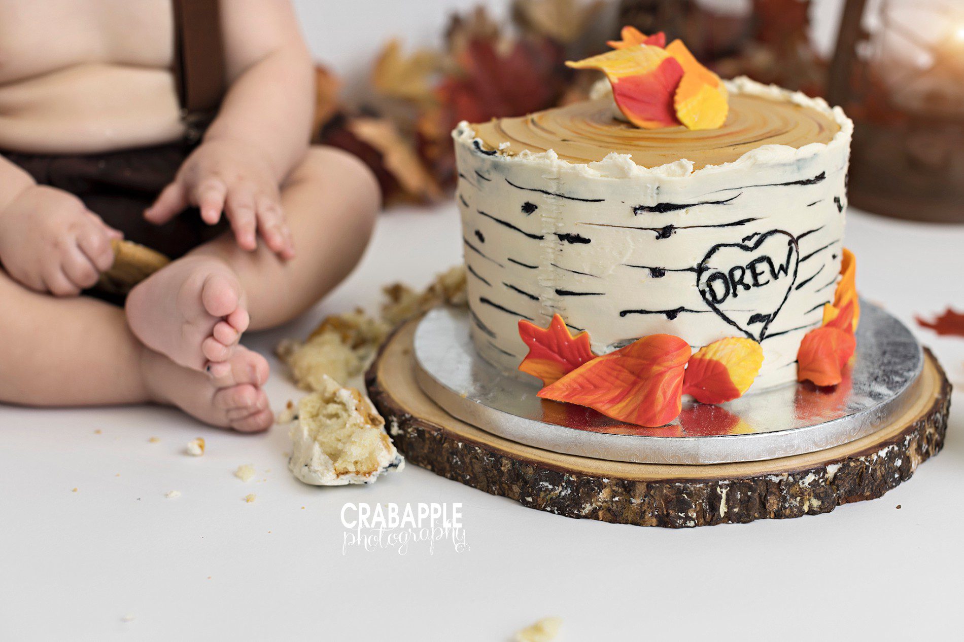 Birthday cake ideas for fall themed first birthday cake smash session.