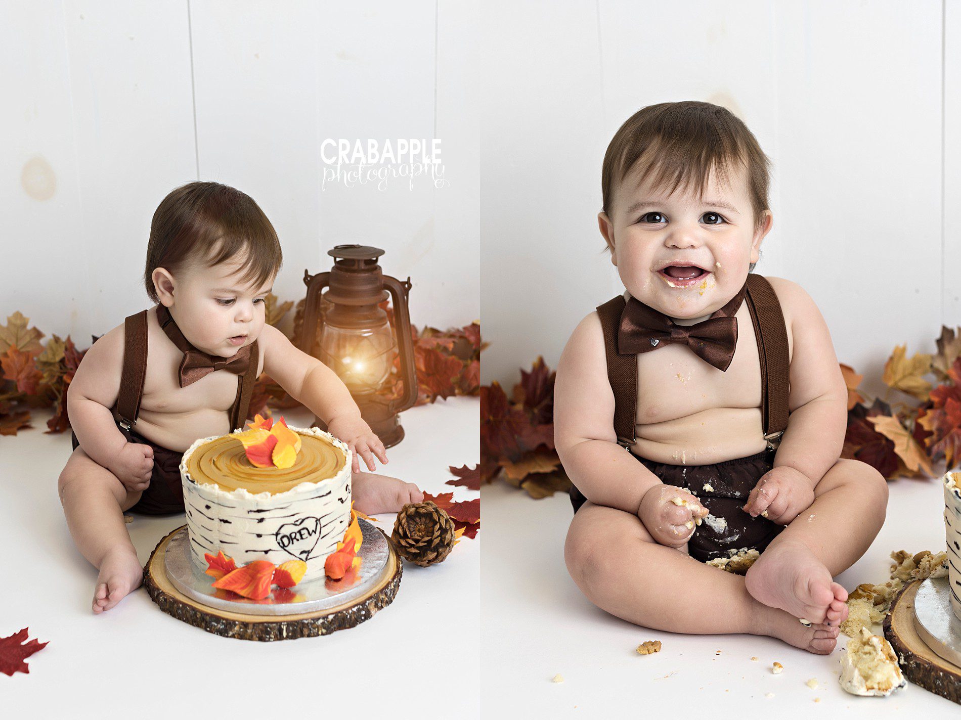 First birthday portrait ideas using browns and oranges and a fall theme.
