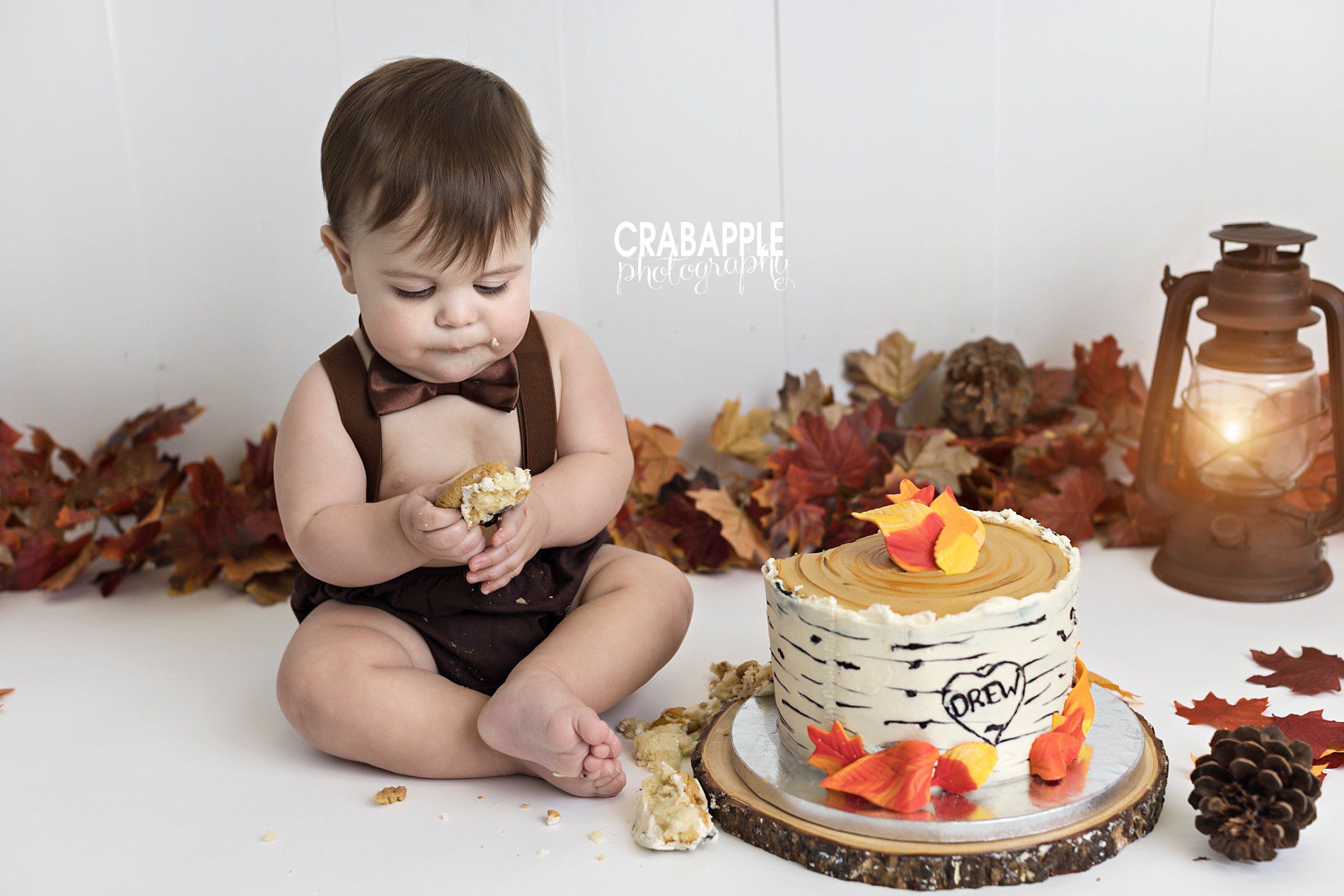 Autumn themed first birthday cake smash photography session using fall leaves, pinecones, and shades of brown and orange.