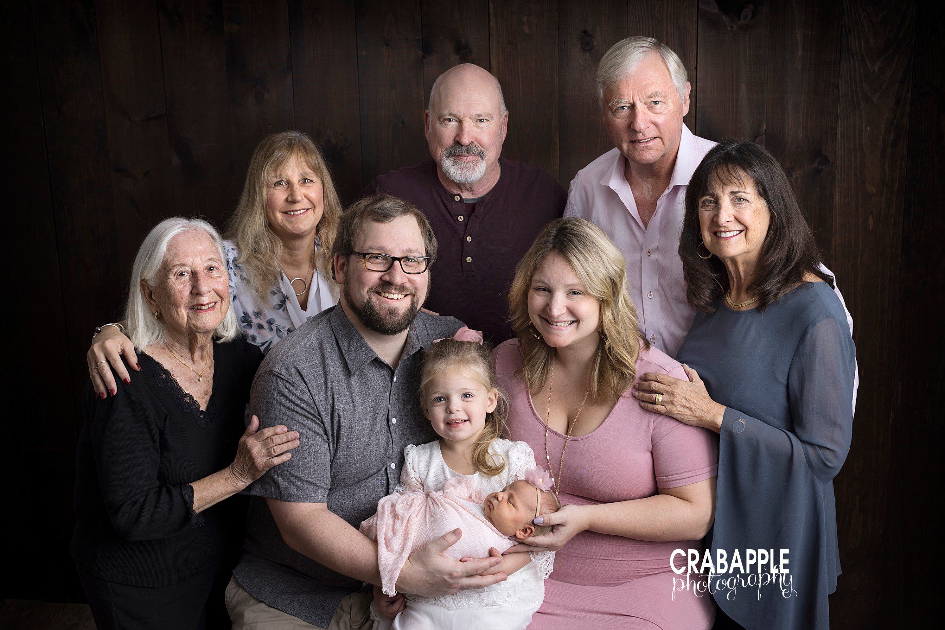 Newborn family photos with sister, parents, grandparents and great grandmother