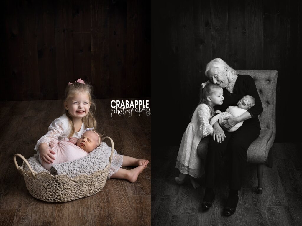 Two vertical portraits, one of a newborn in a basket with her toddler sister behind her. The other is a black and white of a great-grandmother sitting in a chair holding her newborn great-granddaughter while her toddler great-granddaughter embraces her.
