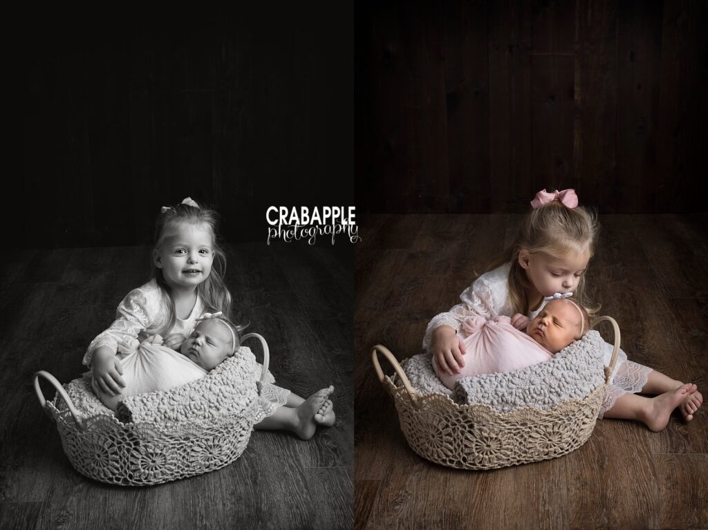 Sister photos of toddler and newborn sisters. 