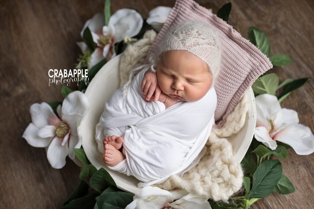 Floral feminine girly newborn baby portrait ideas.