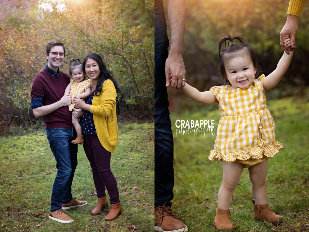 Styling ideas for outdoor fall photoshoot for toddlers using yellow. 16 month old baby girl wears a yellow gingham check dress and brown booties.
