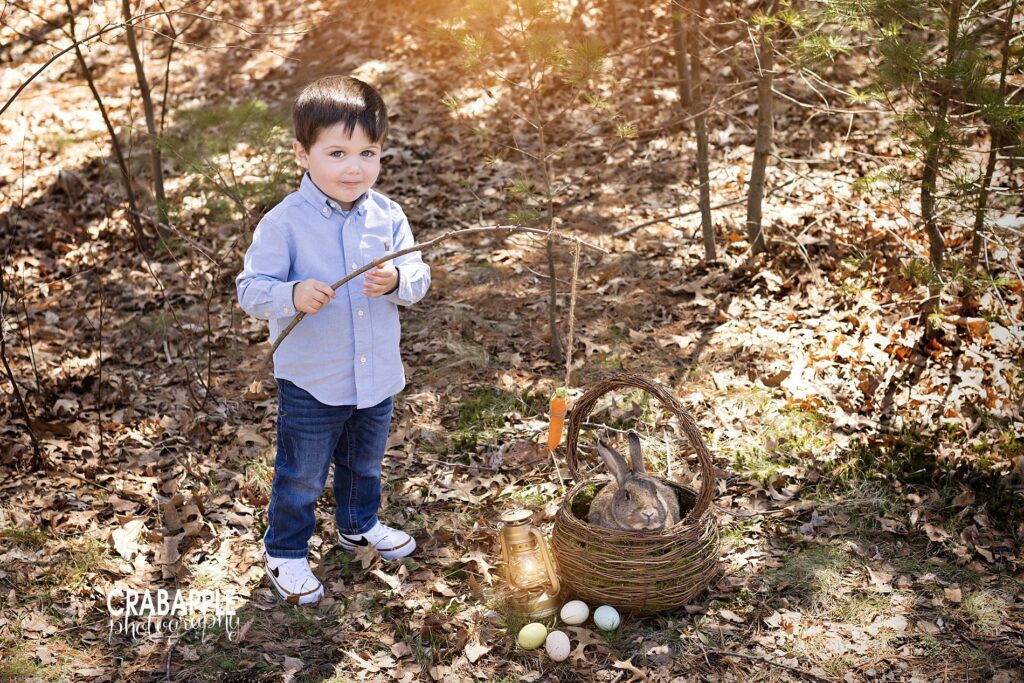 Fun ideas for Easter photos for children using live bunny in a basket.