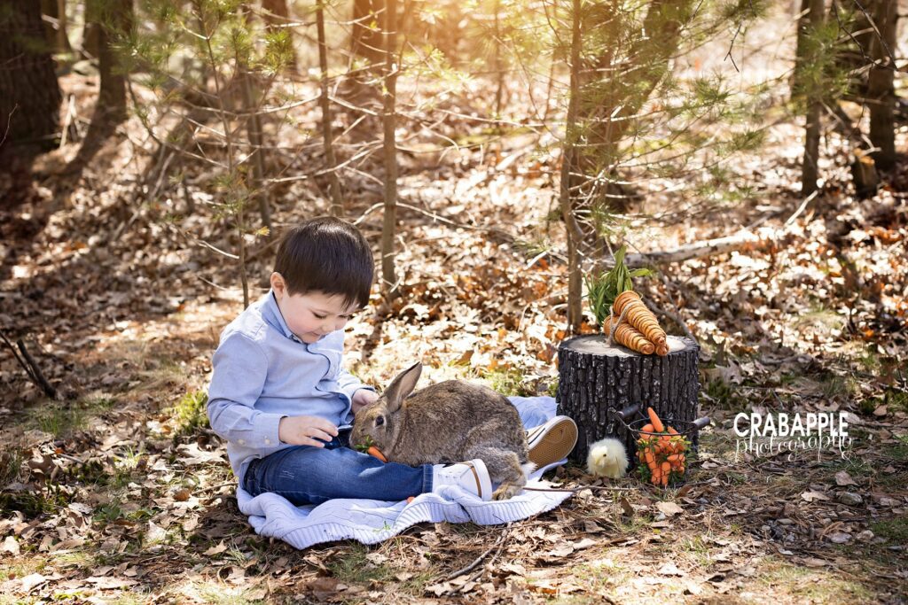 Fun outdoor springtime portrait ideas for Easter including a live bunny eating carrots.