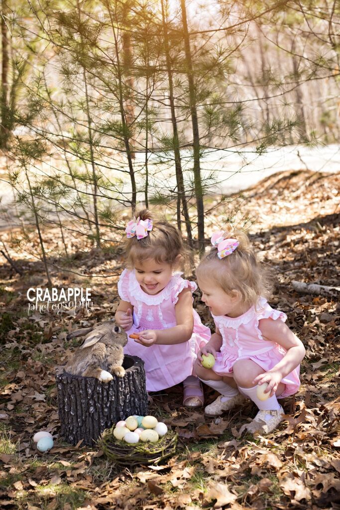 Sister portrait of two toddler girls in matching pink Easter dresses feeding a rabbit a carrot.