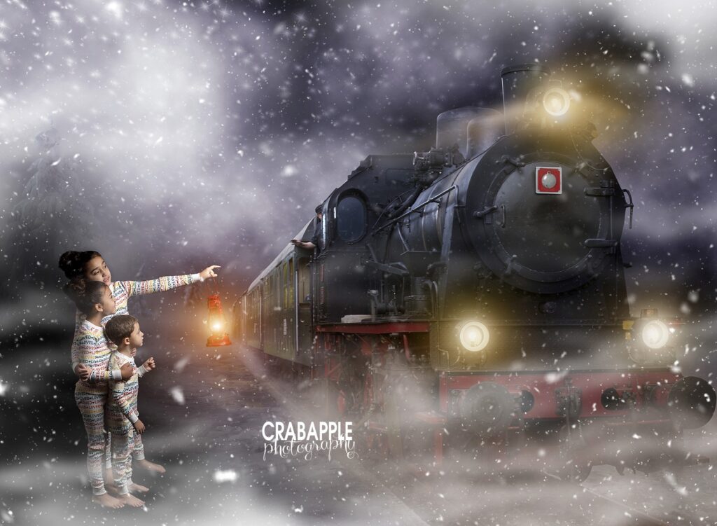 Digital portrait for Christmas of three children next to the Polar Express.