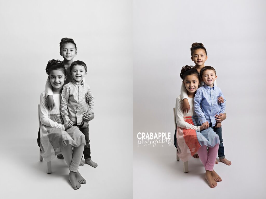 Sibling portrait photography of three siblings between the ages of 4 and 8.