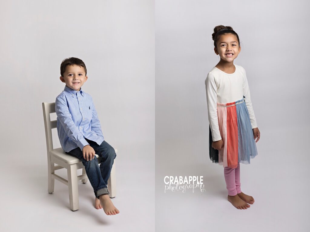 Child portrait photography, two vertical photos collaged together. One is of a 4 year old boy sitting on a chair. The other is a 6 year old girl standing.