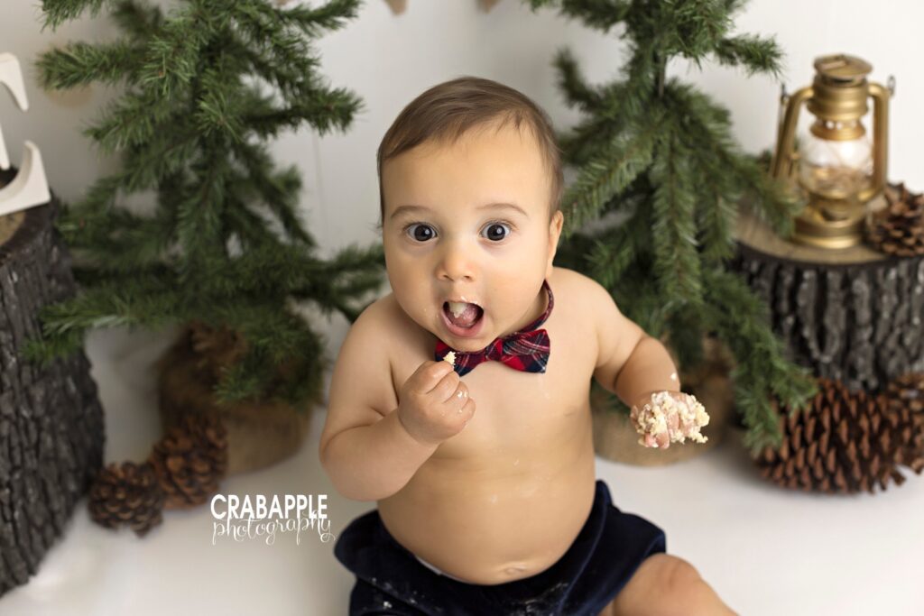 Cake smash photo with one year old boy wearing a red tartan plaid bowtie. The background has tree stumps and pine trees.