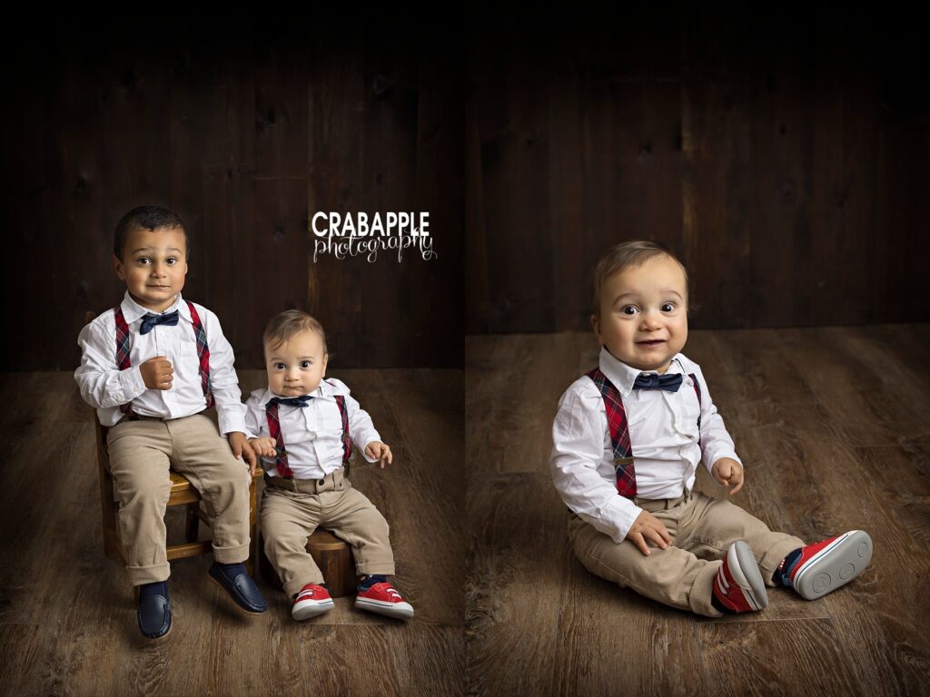 Child and toddler portrait photography with dark wooden backdrops, white button down shirts, suspenders and bowties.