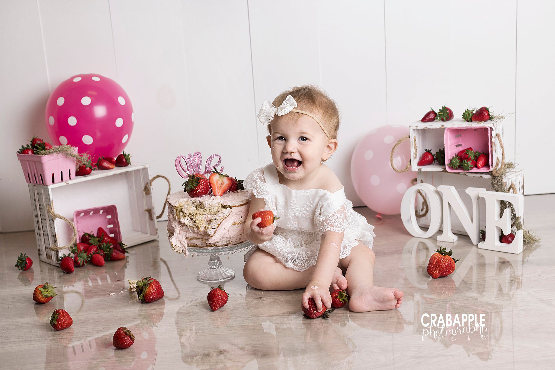 Strawberry Cake Smash Photos · Crabapple Photography