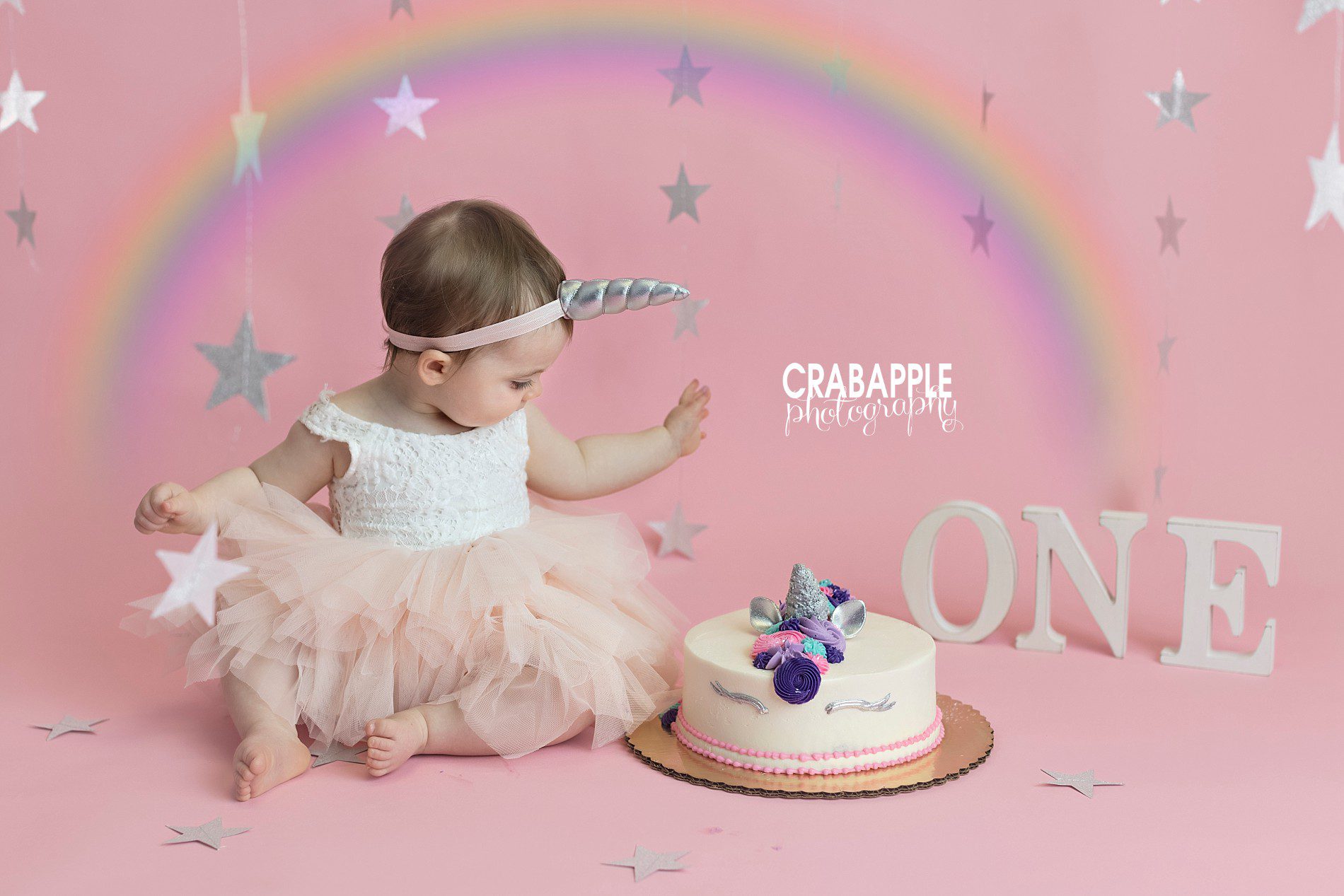 Rainbow and unicorn first birthday portrait ideas with cake
