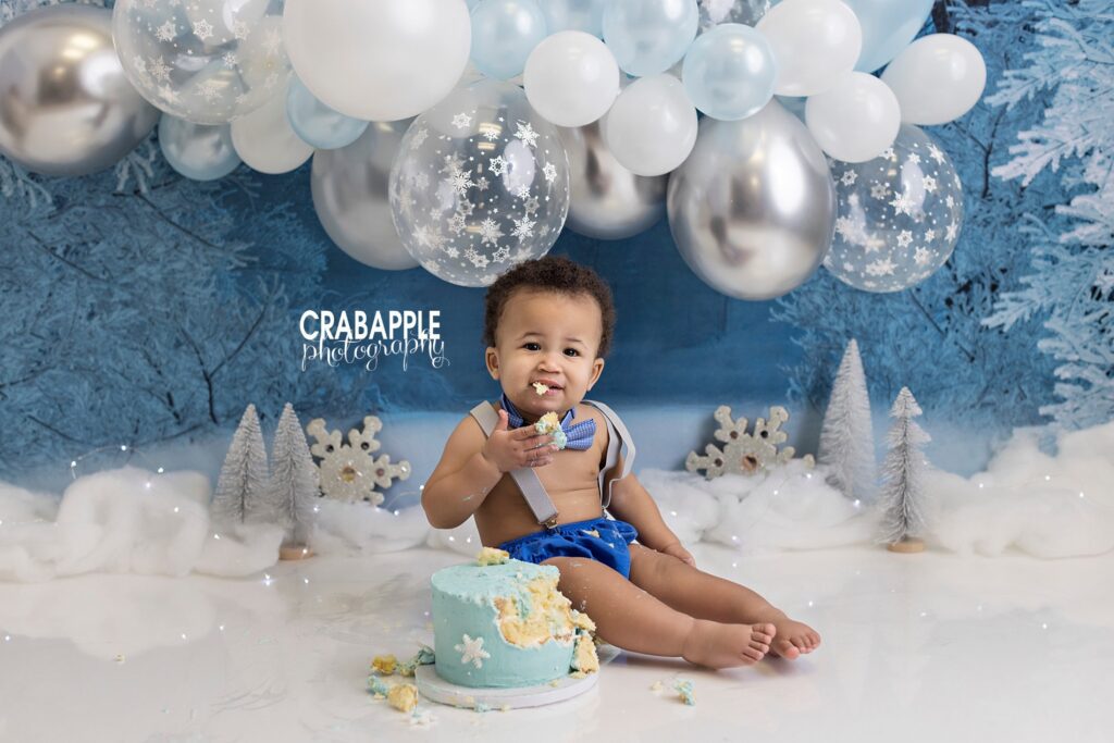 Winter ONEderland themed cake smash for Quincy MA baby boy's first birthday