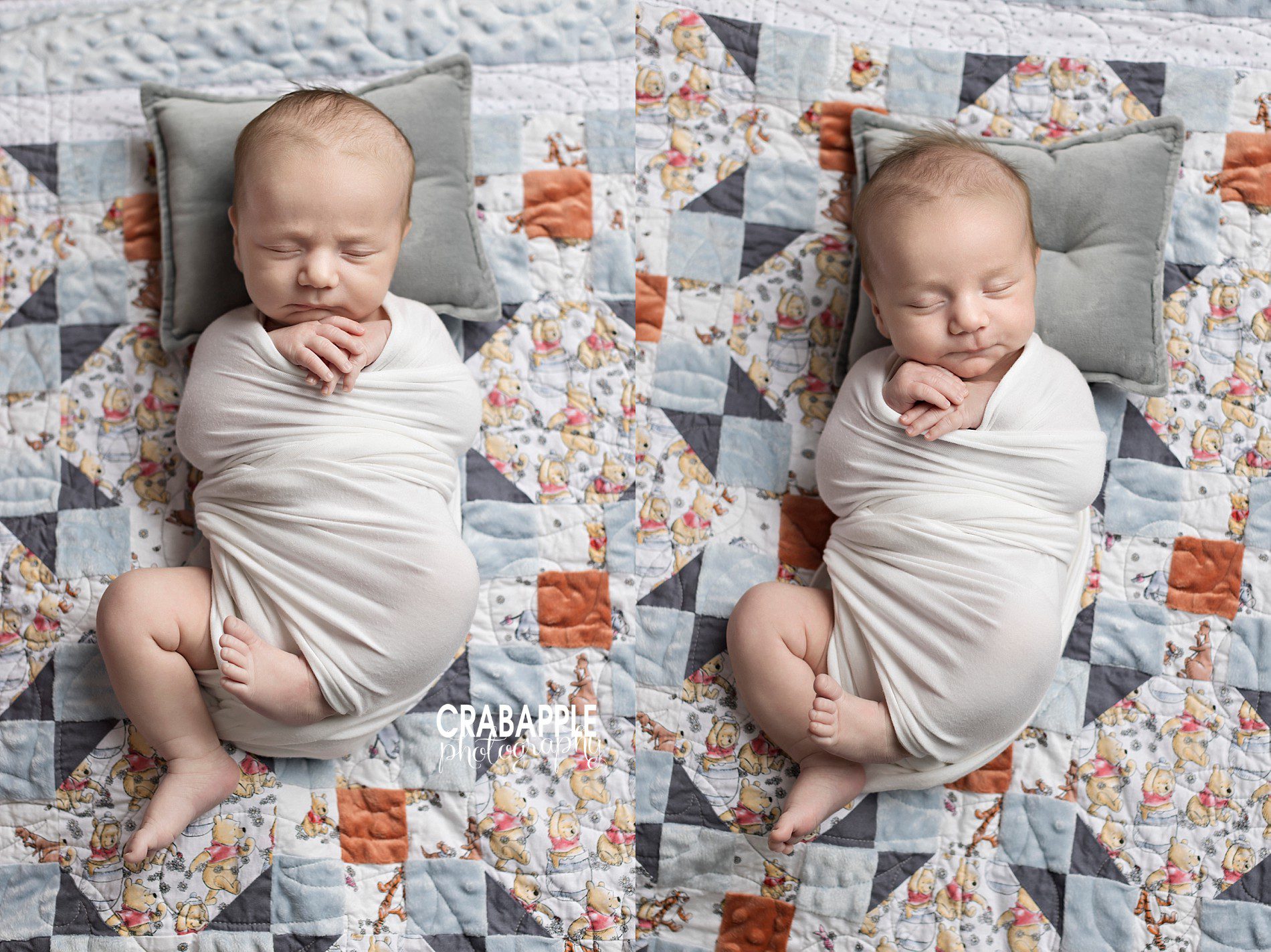 newborn photos with homemade quilt with winnie the pooh
