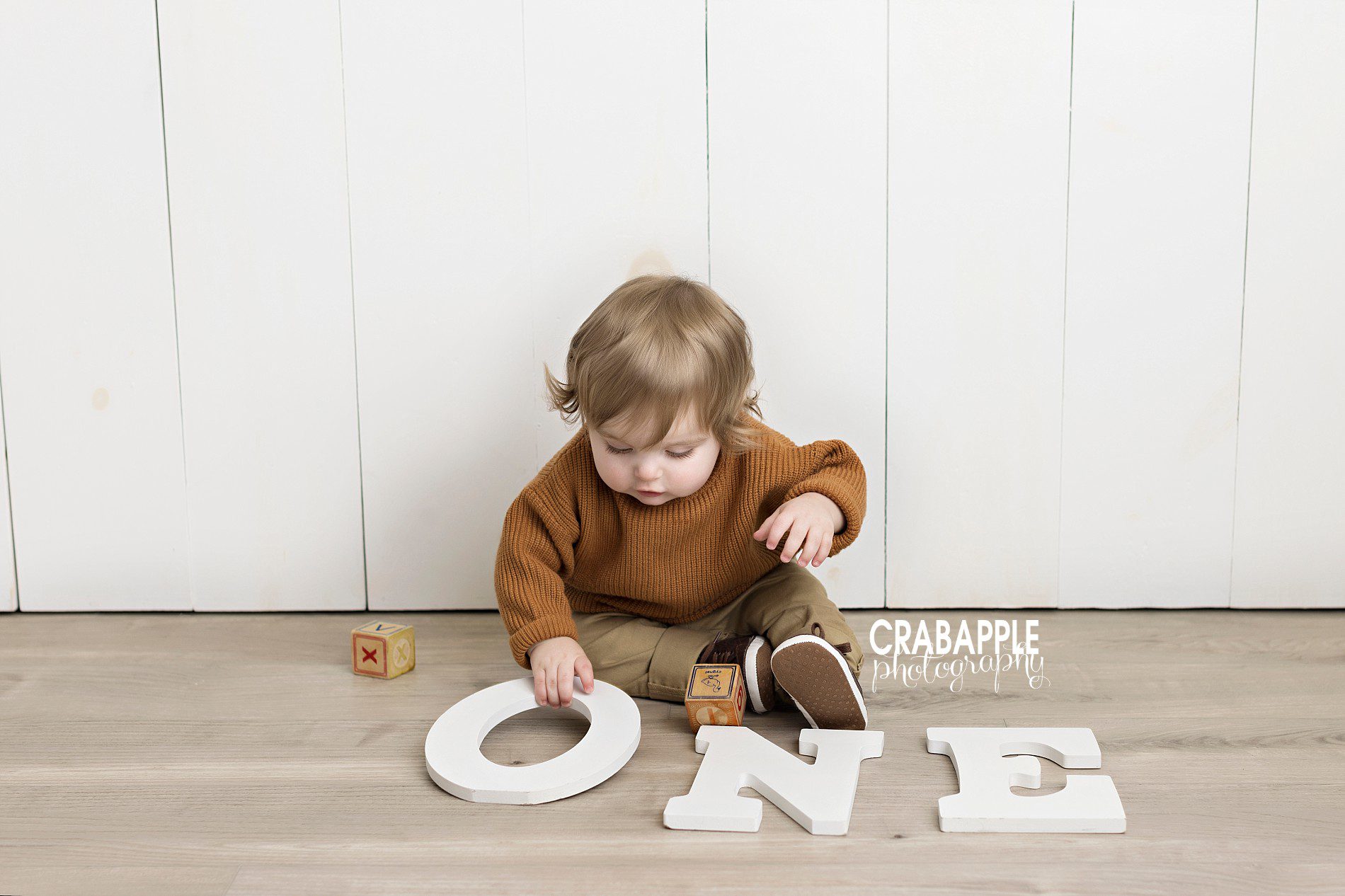 one year pictures with wooden letters spelling out ONE