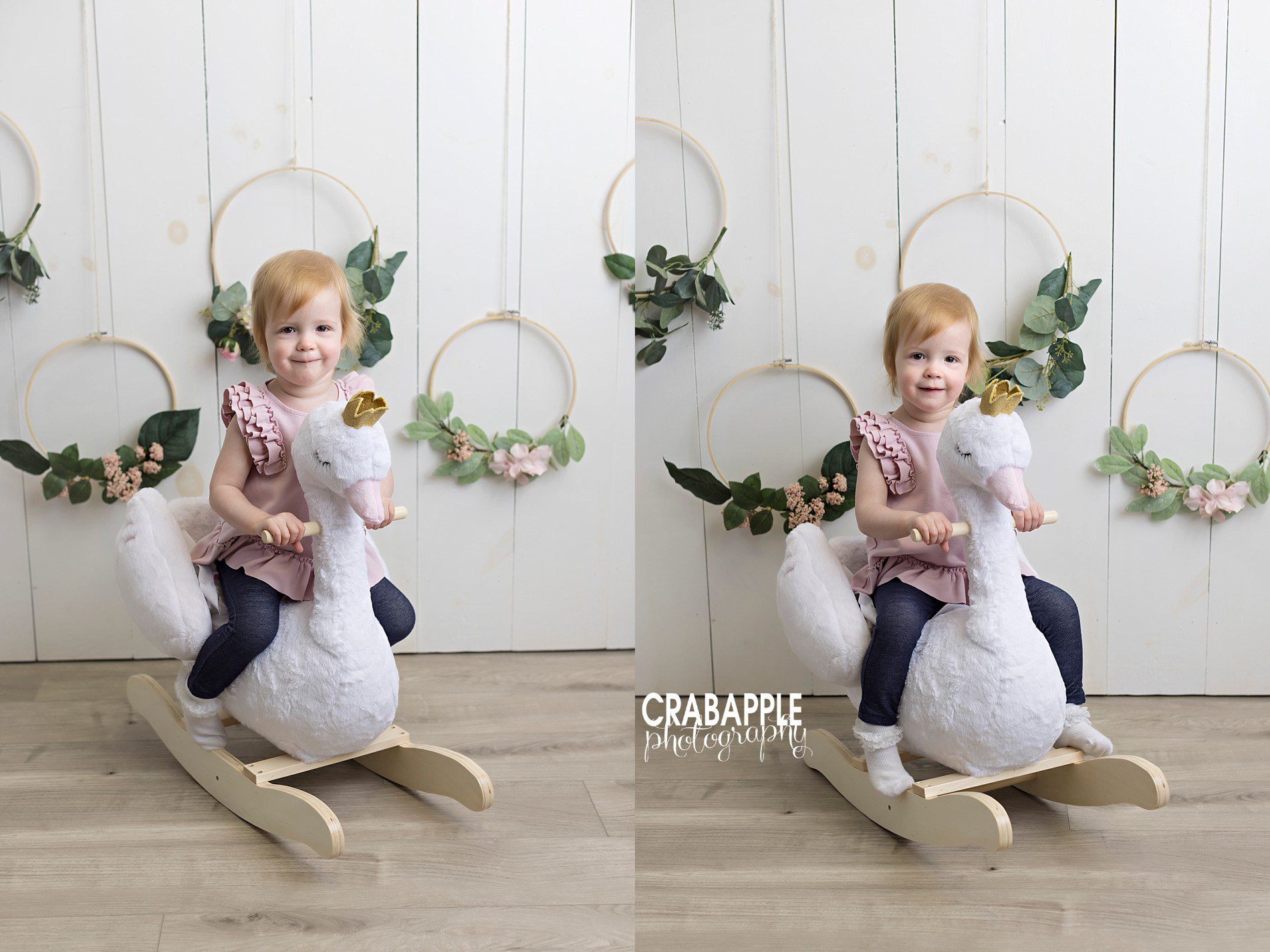 toddler photos using floral decorations and ride on rocking swan with crown.