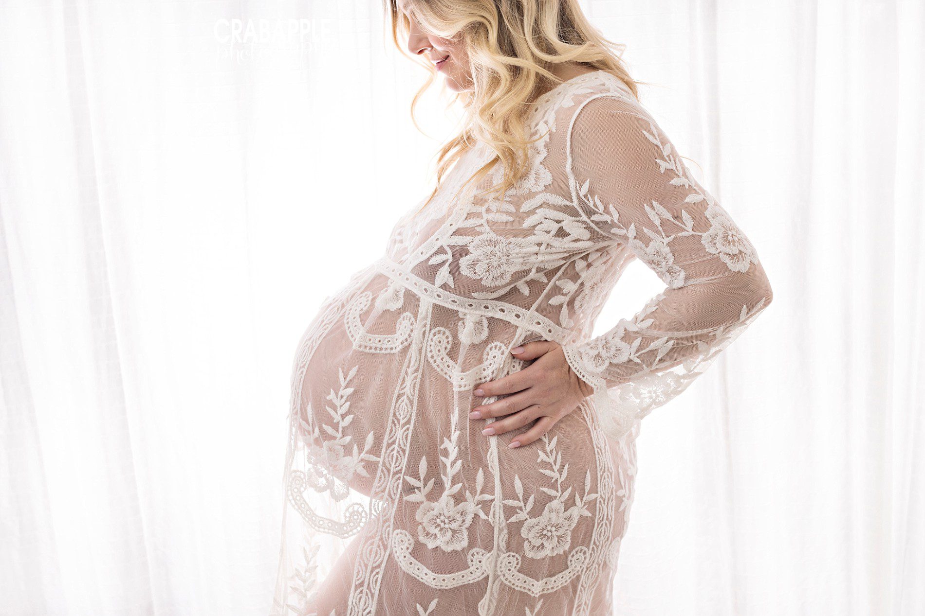 sheer lace gown for maternity portraits