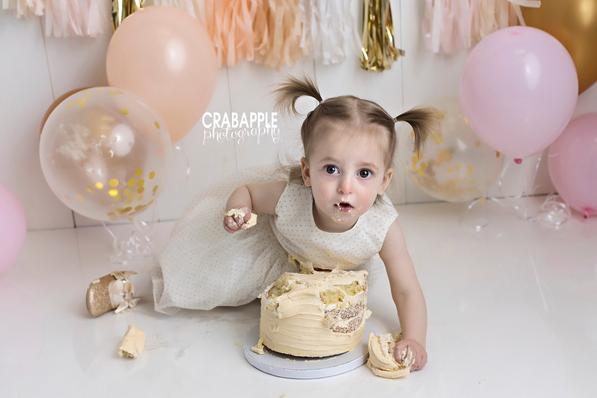 pink peach and gold cake smash pictures
