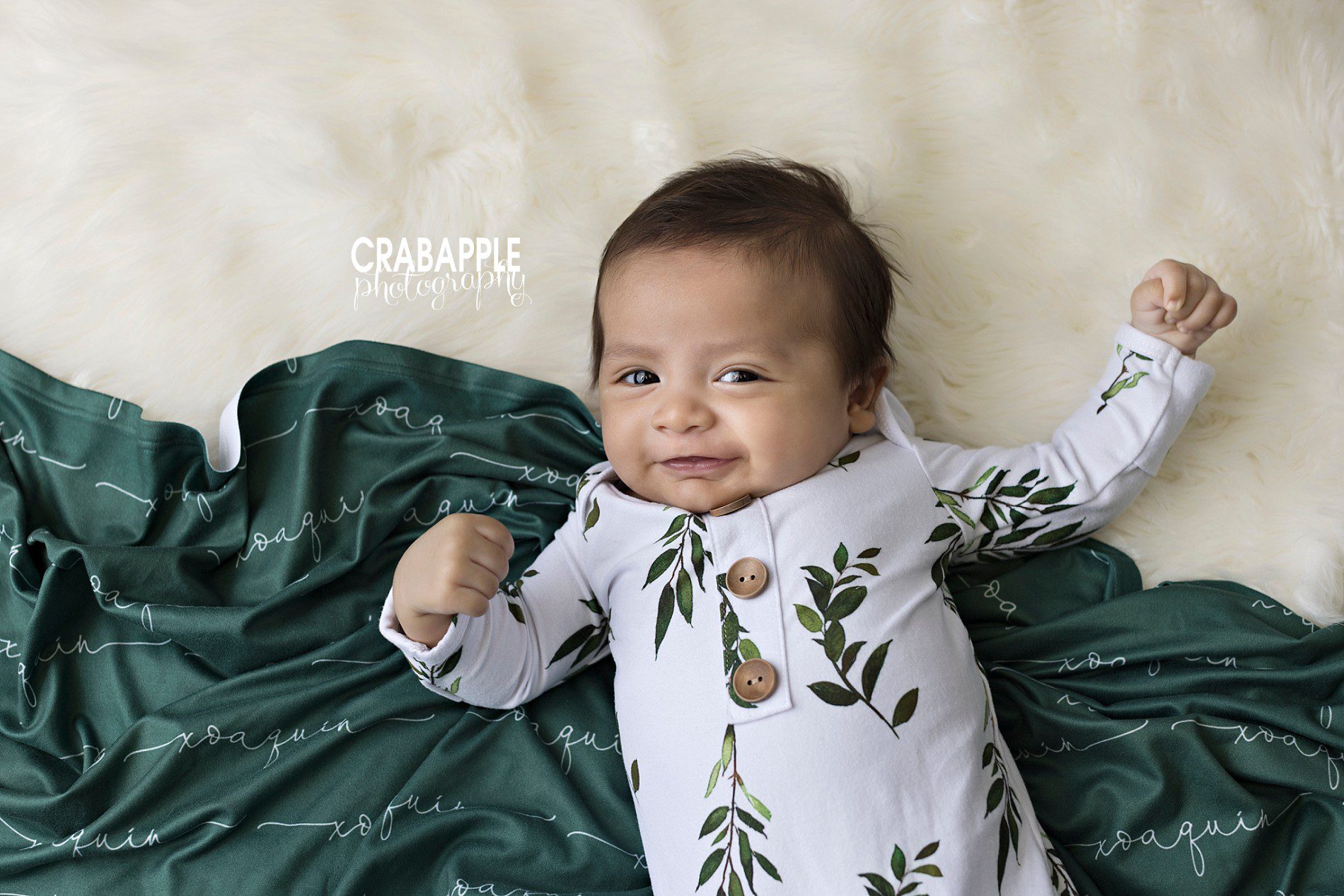 milestone baby photography with personalized blanket with name