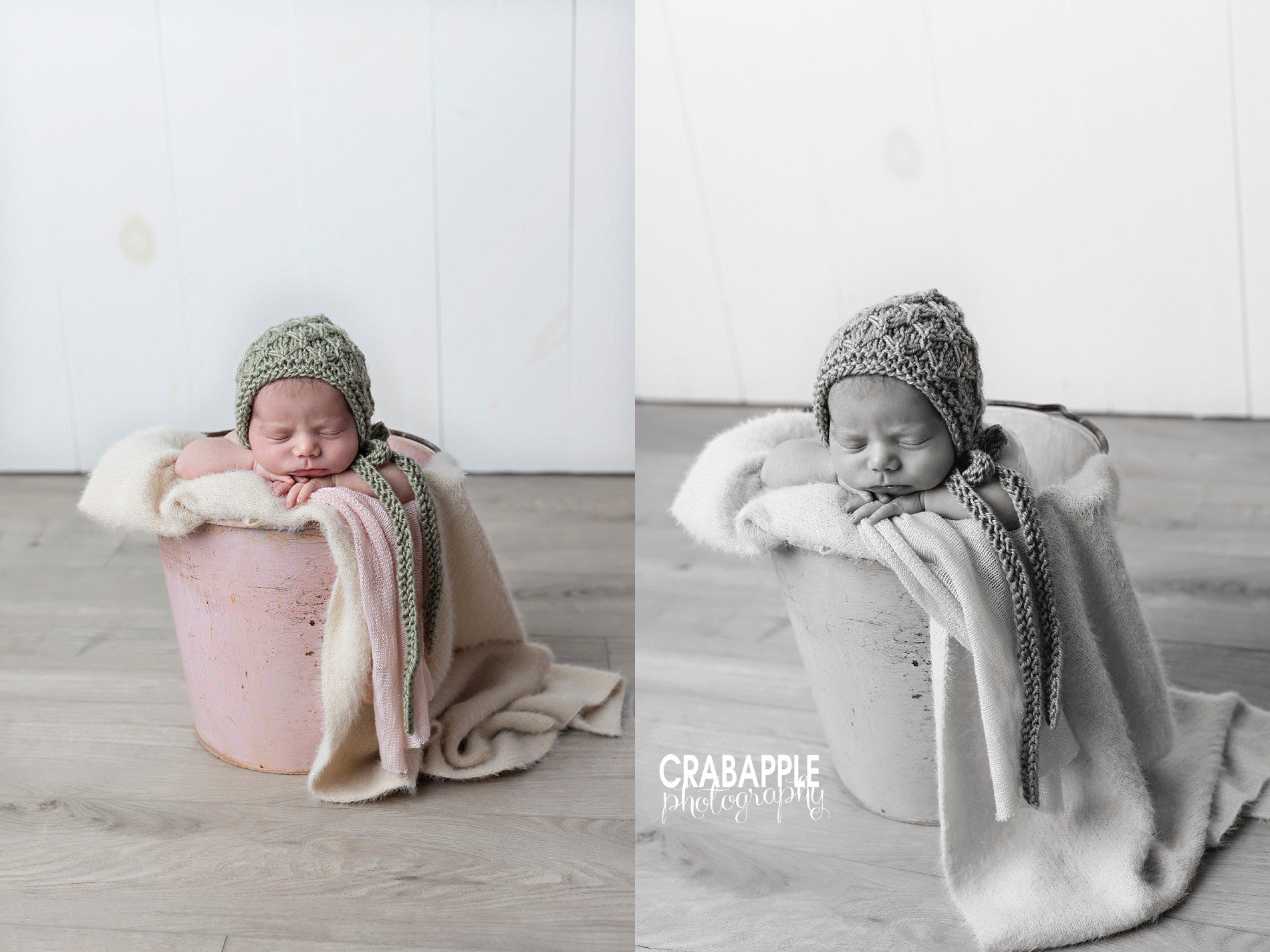 newborn photos with rustic bucket prop