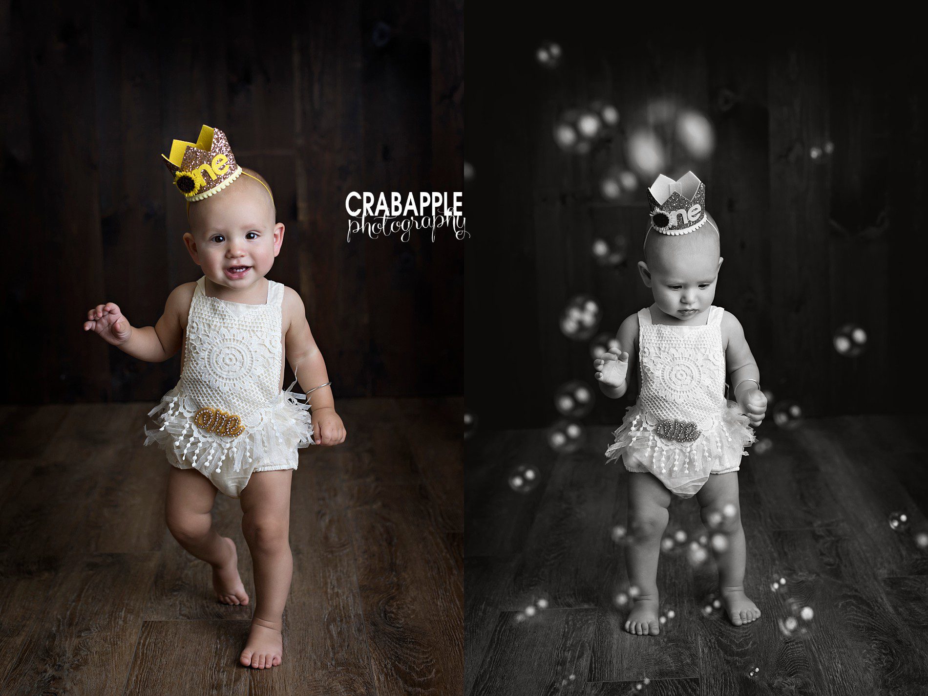 first birthday portraits with crown and bubbles