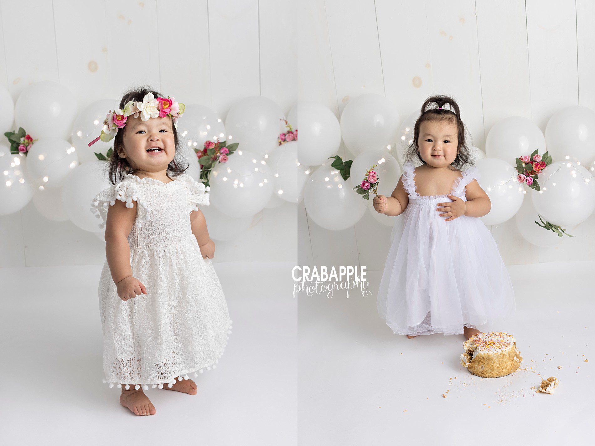 monochromatic white cake smash and 1 year photo ideas light and airy