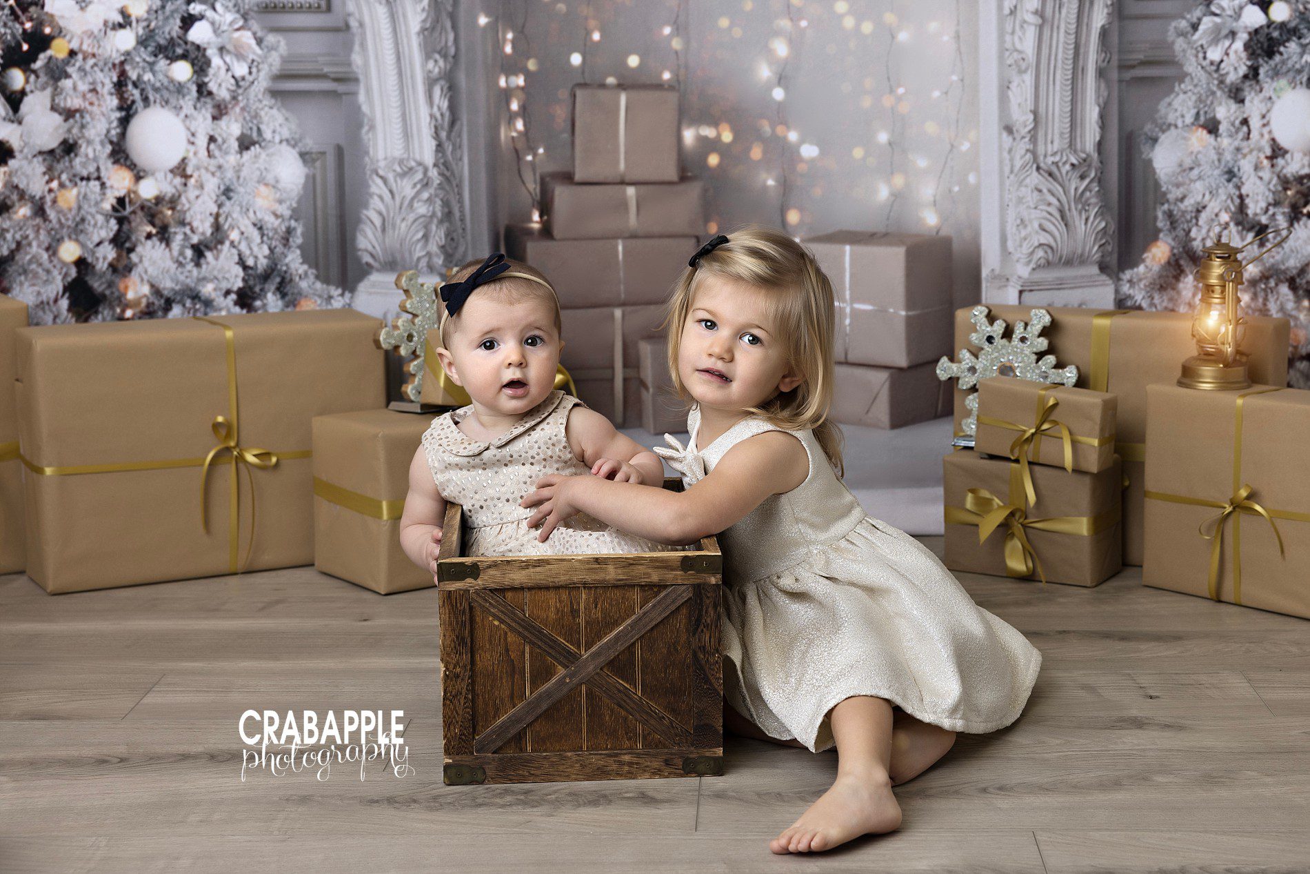 styling baby and toddler photos for holidays with white and gold