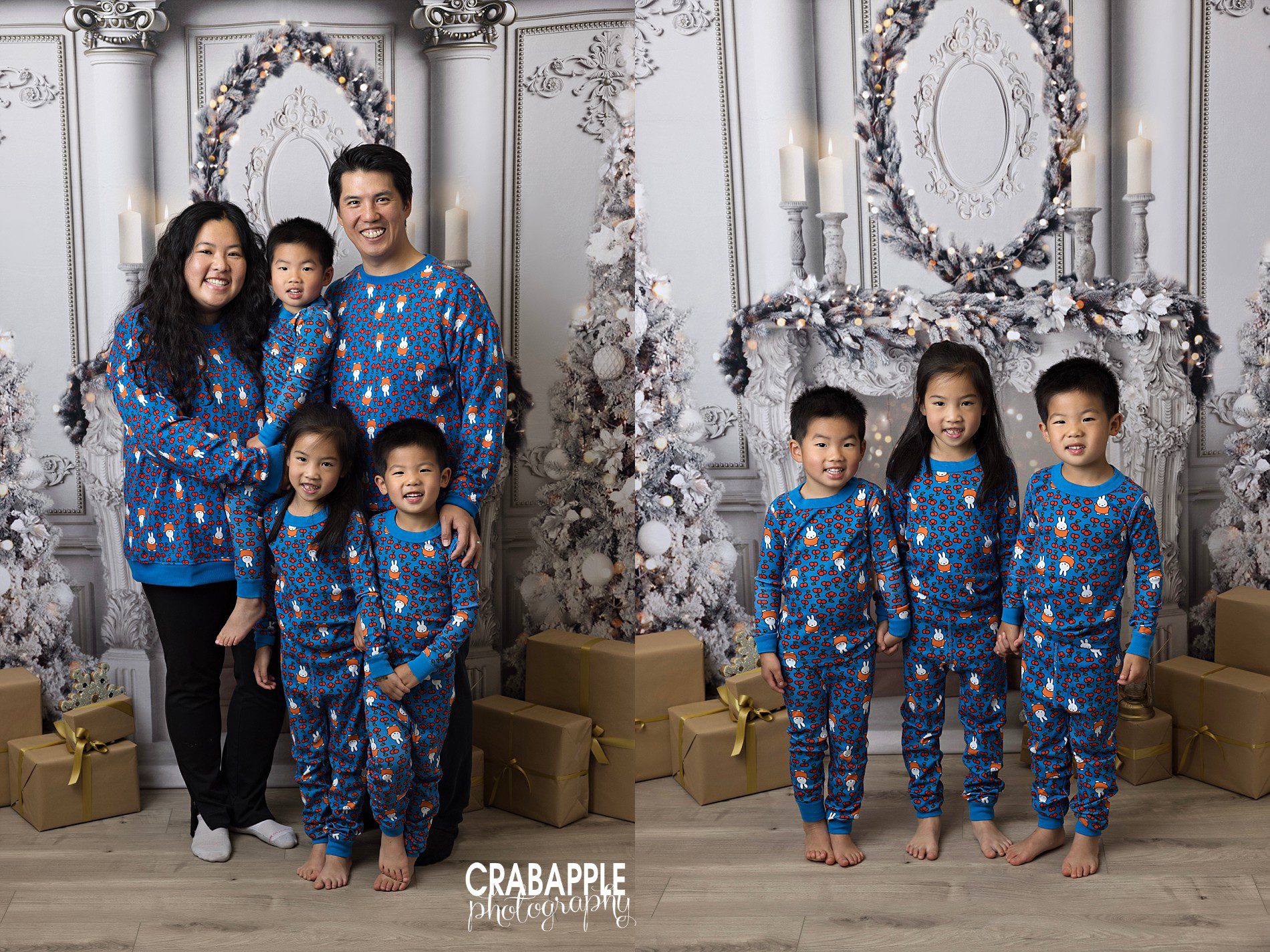 professional xmas portrait ideas with family matching pajamas