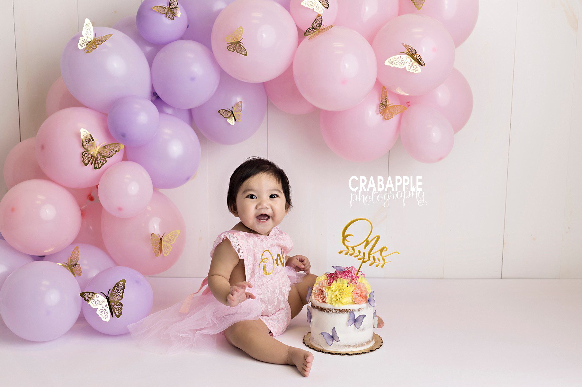 pink and gold butterfly cake smash photos