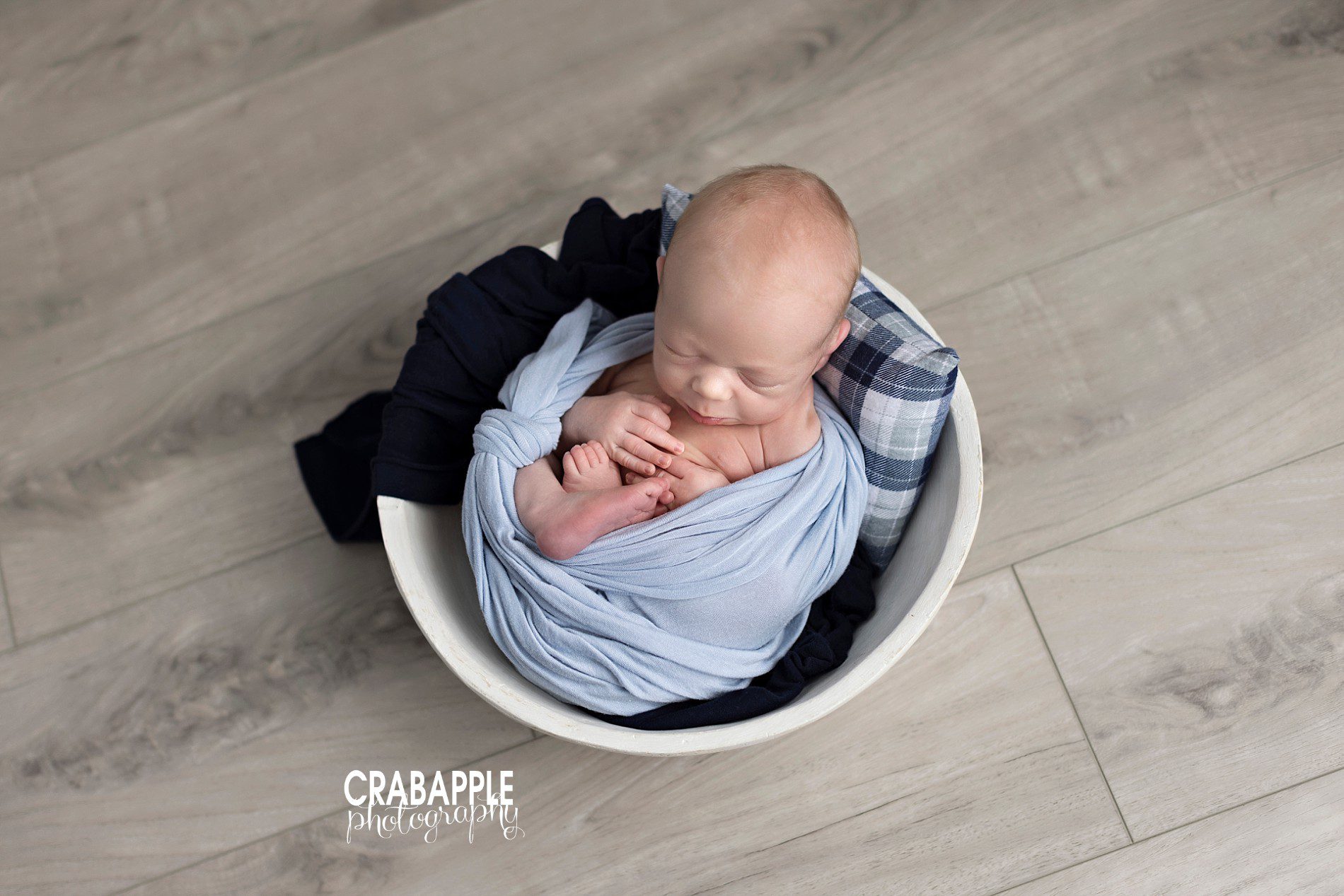 newborn photos using classic white, blue and gray color palette