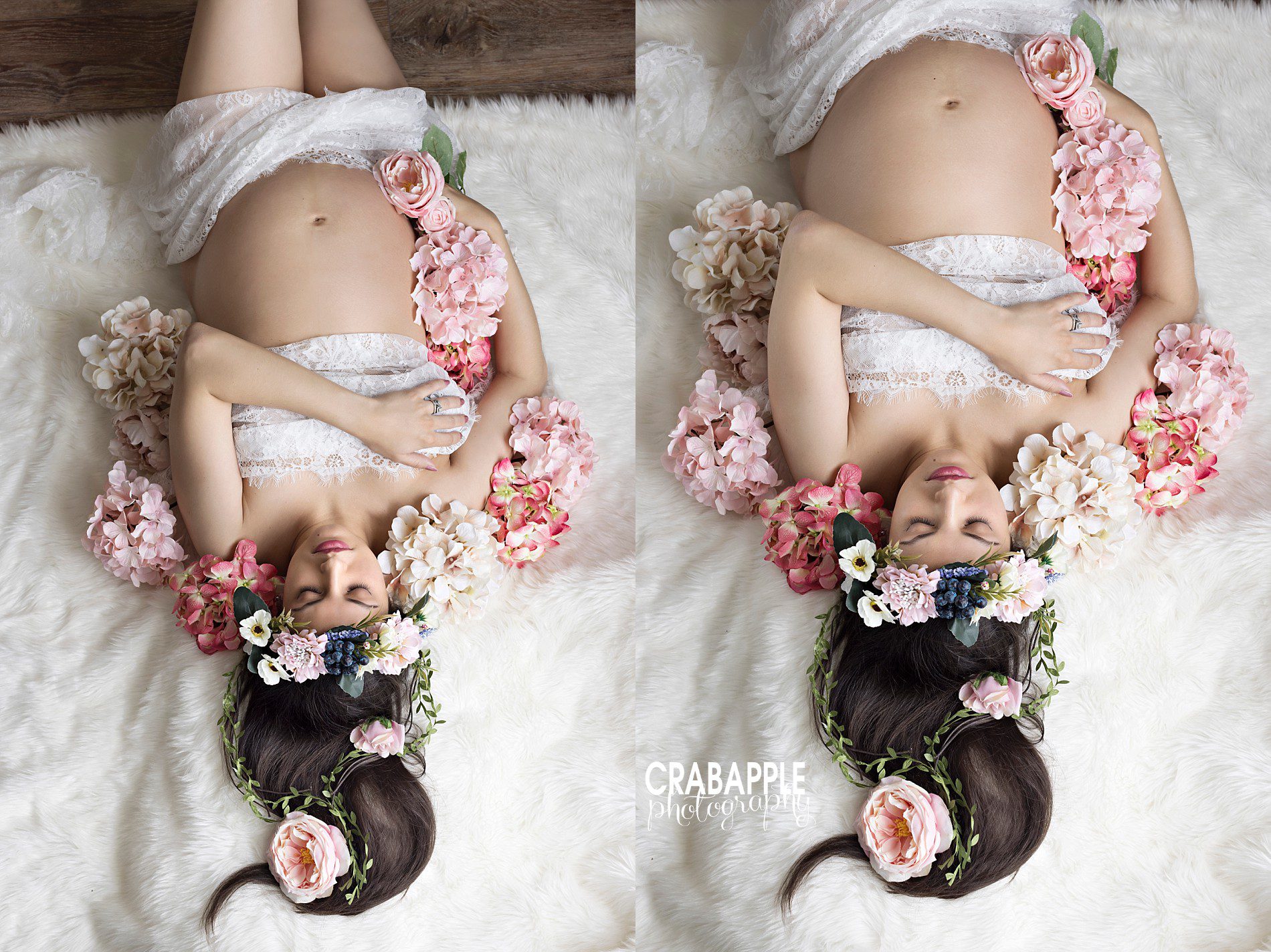 floral maternity photos with lace and fur