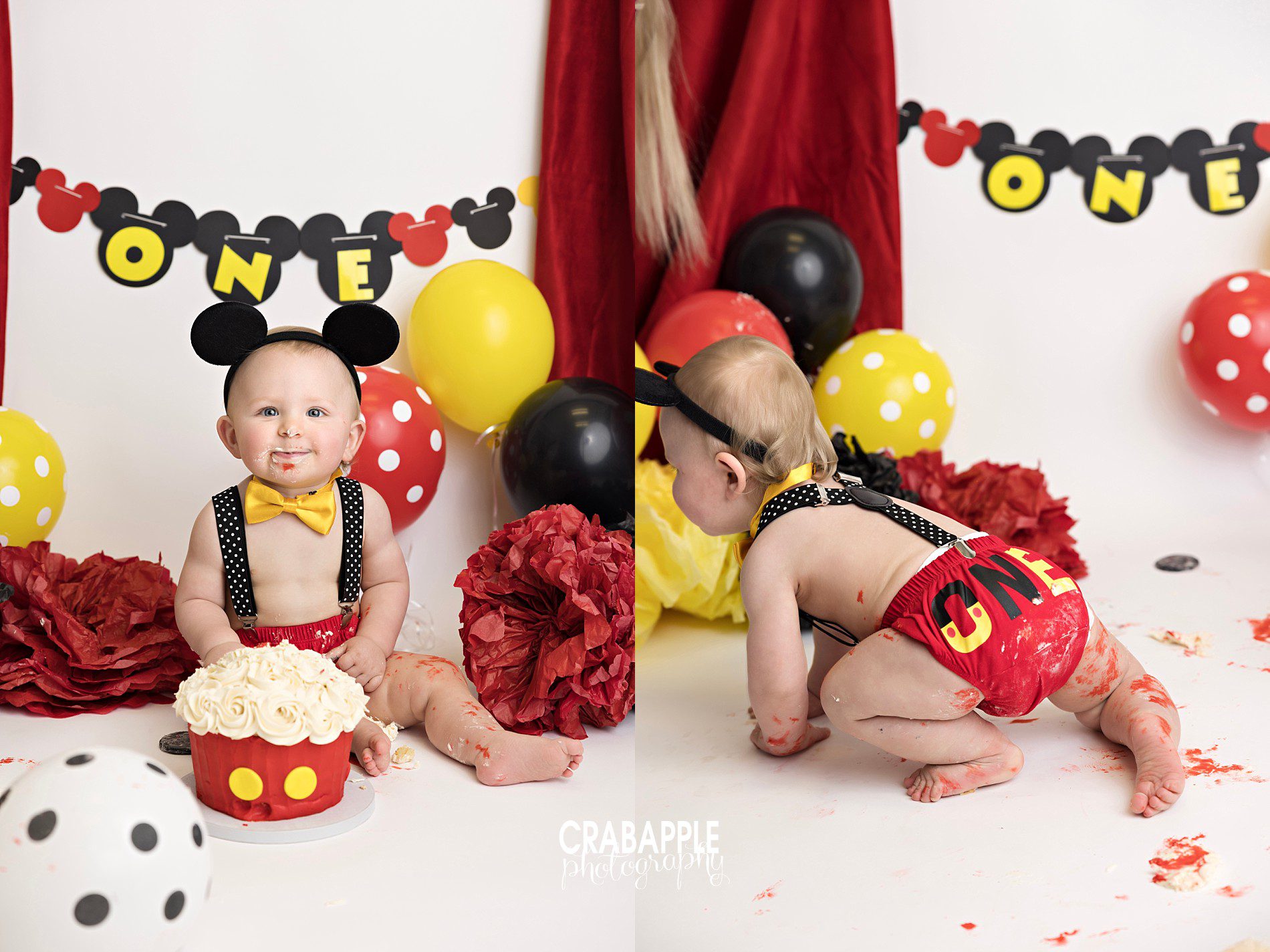 cute mickey mouse themed cake smash first birthday photos