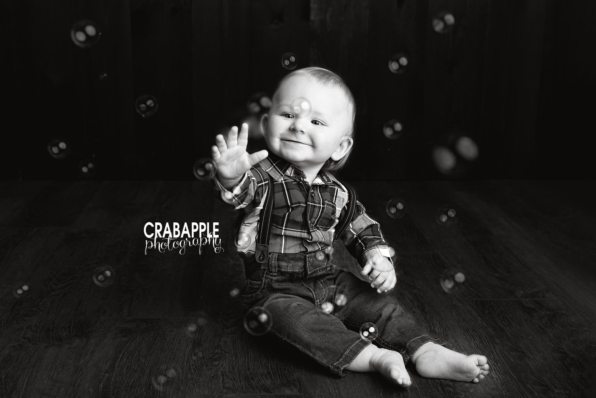black and white baby photos with bubbles