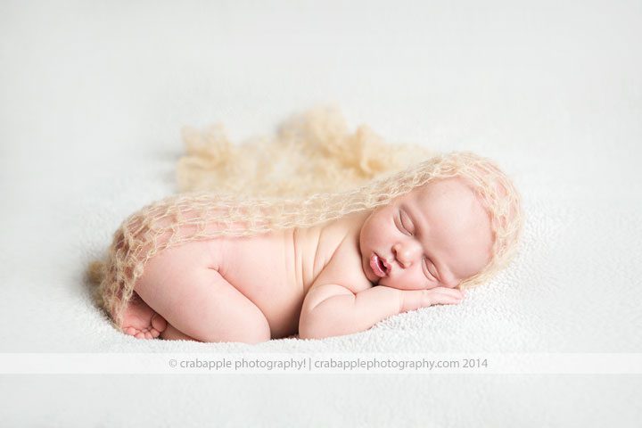 Newborn sleeping on their belly on a white blanket with a light beige loose knit swaddle artfully wrapped