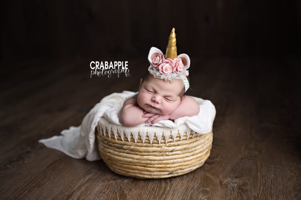 Unicorn Newborn Photography Sweet newborn portrait with a whimsical unicorn headband