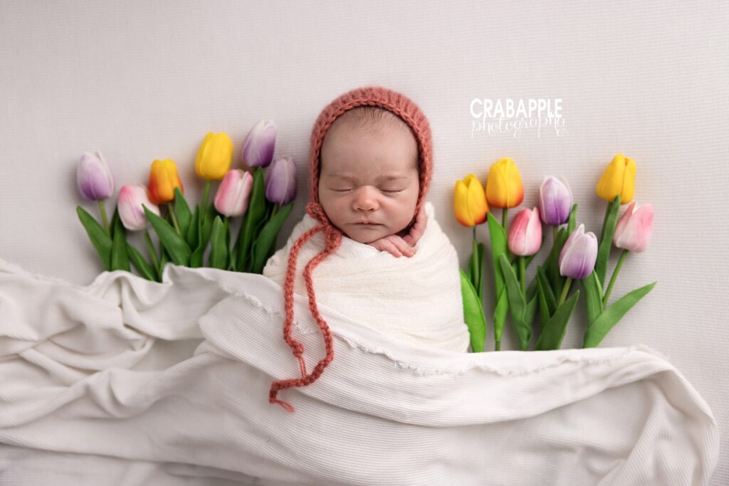Spring newborn portrait with tulips and red bonnet – colorful newborn photography Massachusetts
