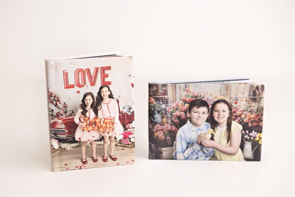 Heirloom photo albums for family sessions Two different orientations of 5x7 fine art Heirloom photo albums for family sessions