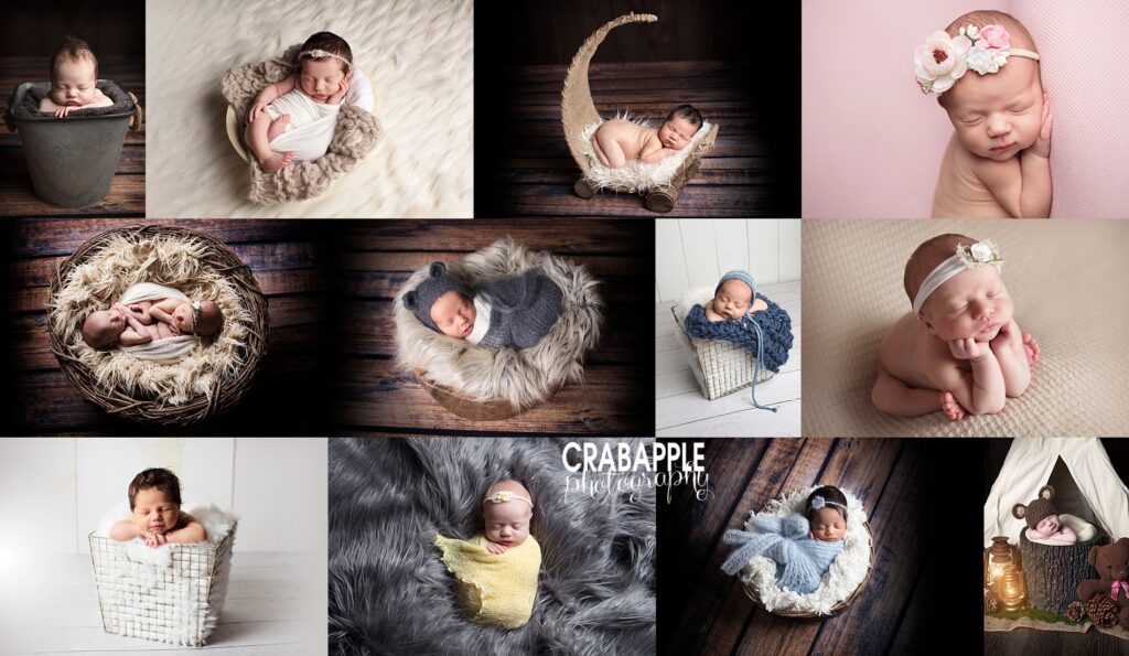 Newborn photo collage featuring swaddled babies and close-up portraits taken in Boston studio