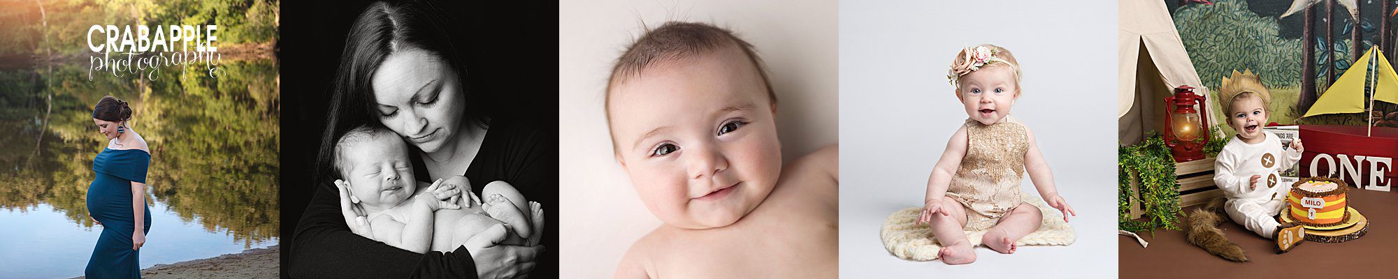 Collage of baby milestone portraits from newborn to first birthday by Crabapple Photography in Boston and Andover, MA