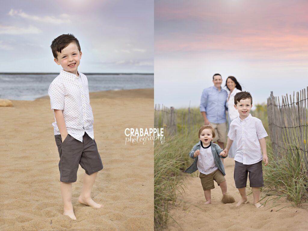 Kids running down sandy path with family in background capturing childhood at the beach
