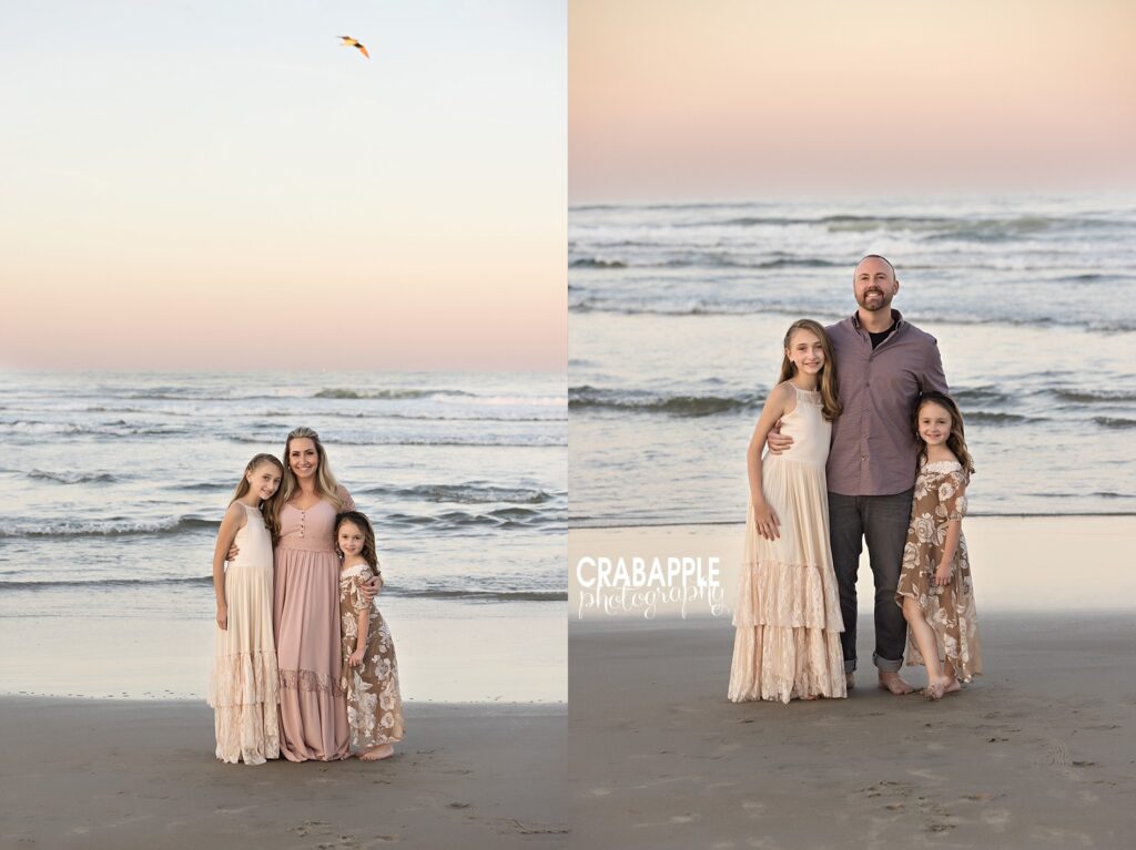Mom with two daughters standing by the waves at Salisbury Beach; and then a similar photo of dad with two daughters
