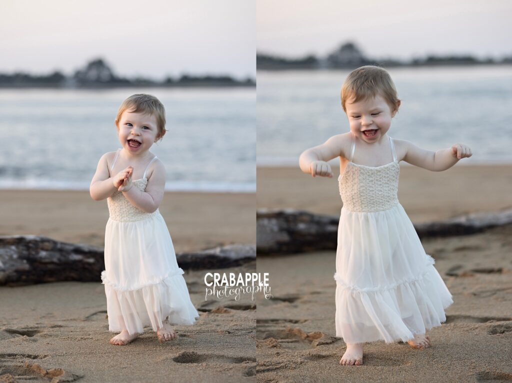 Toddler girl dancing barefoot on the sand during a beach photo session near Plum Island